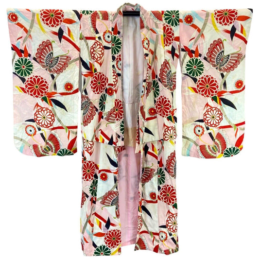 Vintage 60s 70s Pink Green Silk Floral Butterfly Komon Showa Kimono 12 M
