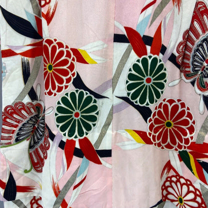 Vintage 60s 70s Pink Green Silk Floral Butterfly Komon Showa Kimono 12 M