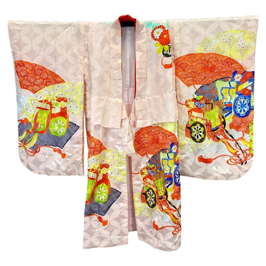 VNTG 70s 80s Pink Orange Floral Embroidered Showa Komon Haori Kimono 8 10 S