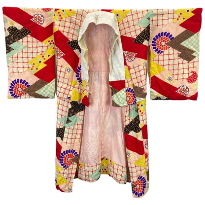 Vintage 60s 70s Pink Red Silk Floral Geometric Komon Showa Kimono 16 L