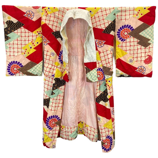 Vintage 60s 70s Pink Red Silk Floral Geometric Komon Showa Kimono 16 L