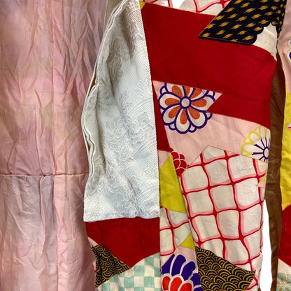 Vintage 60s 70s Pink Red Silk Floral Geometric Komon Showa Kimono 16 L