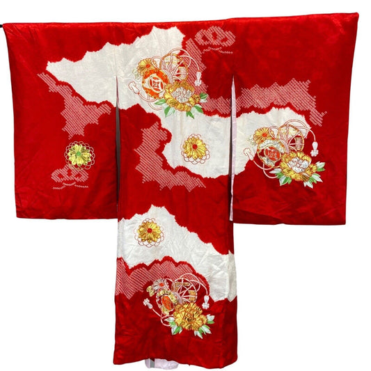 Vintage 70s 80s Red White Gold Floral Embroidered Haori Kimono 6 XS