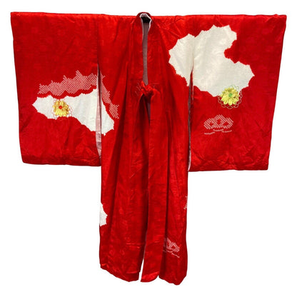 Vintage 70s 80s Red White Gold Floral Embroidered Haori Kimono 6 XS