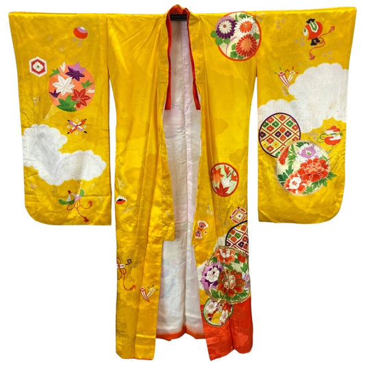 Vintage 70s 80s Yellow Orange Floral Geometric Komon Showa Kimono 12 M