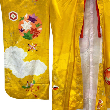 Vintage 70s 80s Yellow Orange Floral Geometric Komon Showa Kimono 12 M