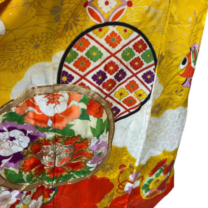 Vintage 70s 80s Yellow Orange Floral Geometric Komon Showa Kimono 12 M