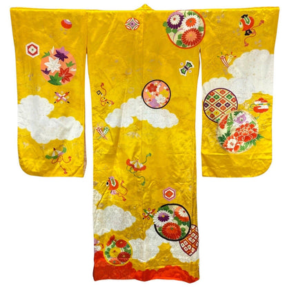 Vintage 70s 80s Yellow Orange Floral Geometric Komon Showa Kimono 12 M