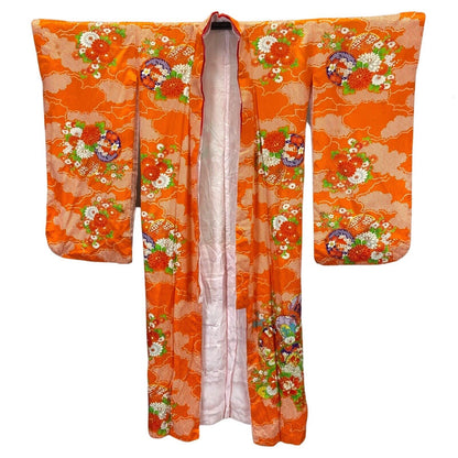 Vintage 80s 90s Orange White Silk Geometric Floral  Komon Kimono 12 M