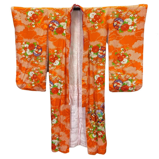 Vintage 80s 90s Orange White Silk Geometric Floral  Komon Kimono 12 M