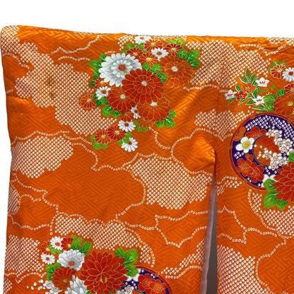 Vintage 80s 90s Orange White Silk Geometric Floral  Komon Kimono 12 M
