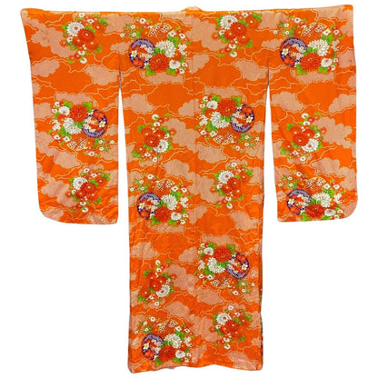 Vintage 80s 90s Orange White Silk Geometric Floral  Komon Kimono 12 M