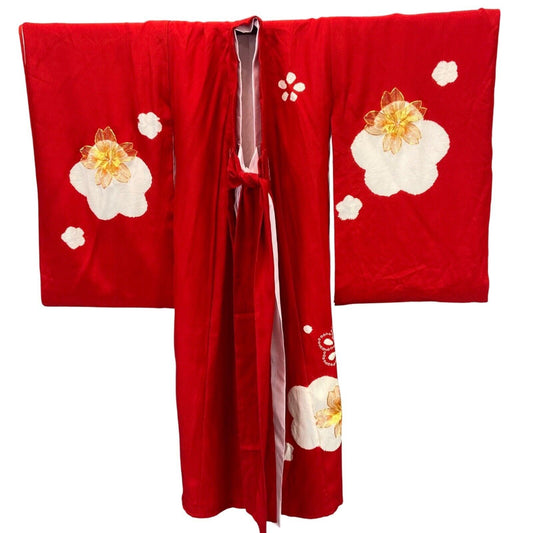 VTG 80s 90s Red White Gold Silk Geometric Pattern Embroidered Haori Kimono XS