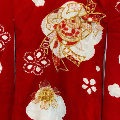 VTG 80s 90s Red White Gold Silk Geometric Pattern Embroidered Haori Kimono XS