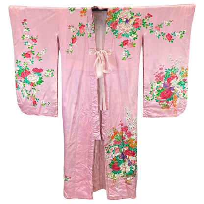 Vintage 90s Pink Green Silk Blend Embroidered Floral Patterned Kimono 12 14 M