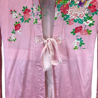 Vintage 90s Pink Green Silk Blend Embroidered Floral Patterned Kimono 12 14 M