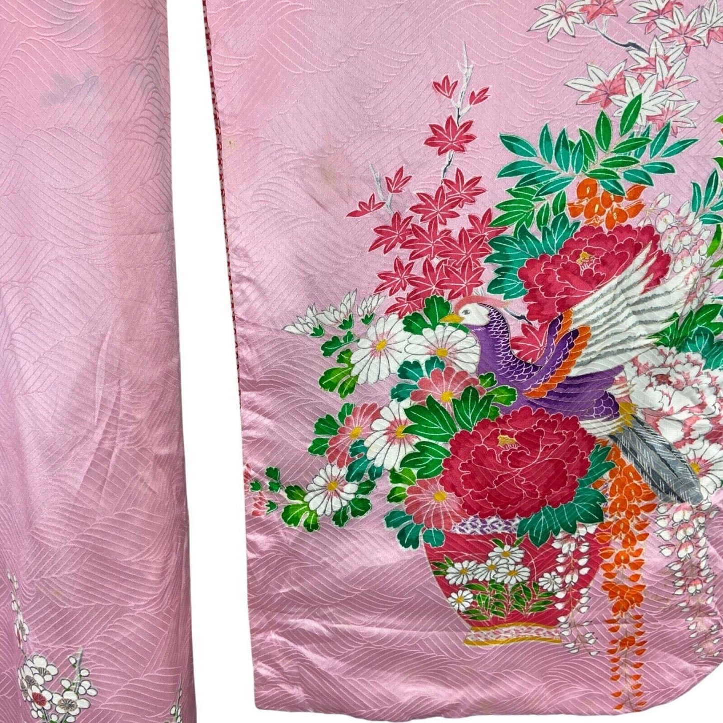 Vintage 90s Pink Green Silk Blend Embroidered Floral Patterned Kimono 12 14 M