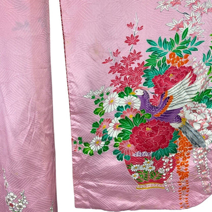 Vintage 90s Pink Green Silk Blend Embroidered Floral Patterned Kimono 12 14 M