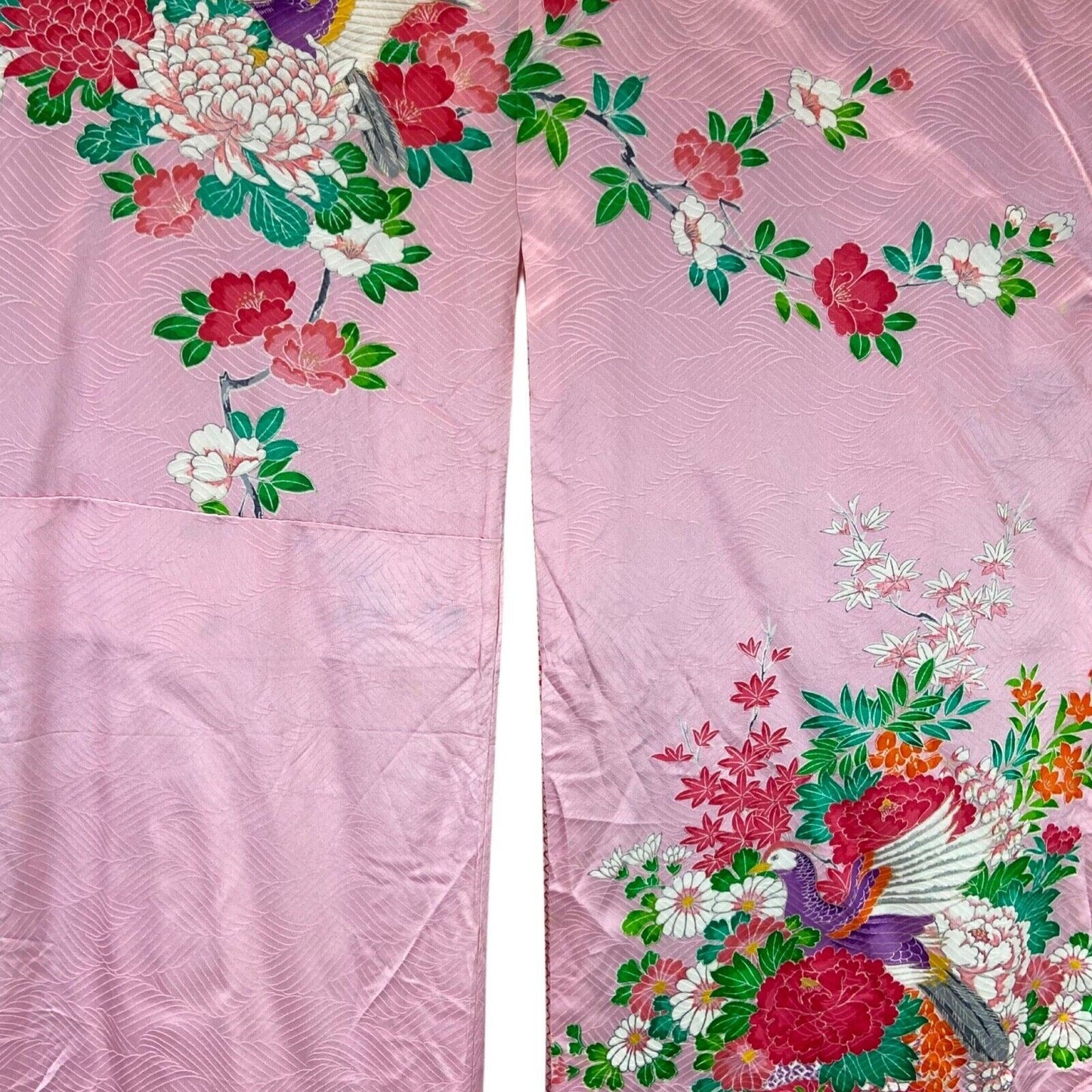 Vintage 90s Pink Green Silk Blend Embroidered Floral Patterned Kimono 12 14 M