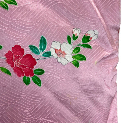 Vintage 90s Pink Green Silk Blend Embroidered Floral Patterned Kimono 12 14 M