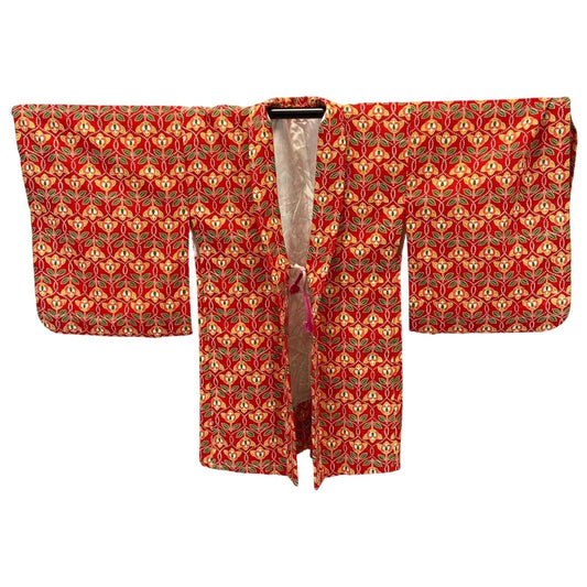 Vintage 80s 90s Red Floral Geometric Pattern Komon Haori Showa Kimono 8 10 S