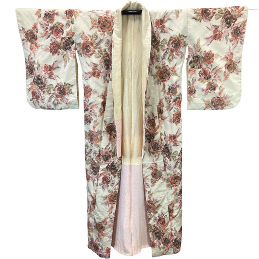 Vintage 70s 80s Cream Pink Flroal Glittery Sparkly  Komon Kimono XL