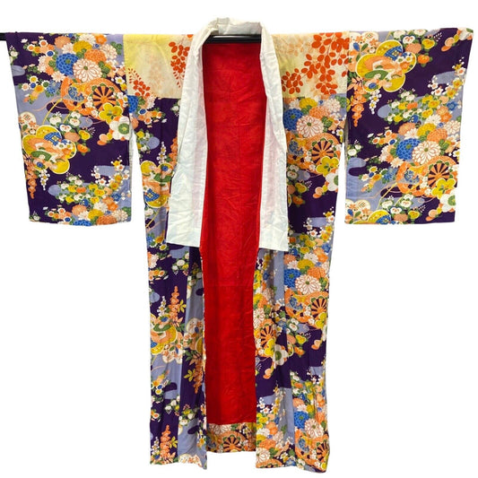 Vintage 60s 70s Purple Yellow Red Silk Floral Komon Showa Kimono 12 M