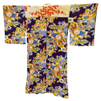 Vintage 60s 70s Purple Yellow Red Silk Floral Komon Showa Kimono 12 M