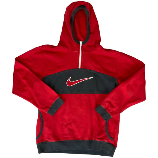 Vintage 00s Red Grey Nike Hooded Quarter Zip Jumper Swoosh Hoodie M