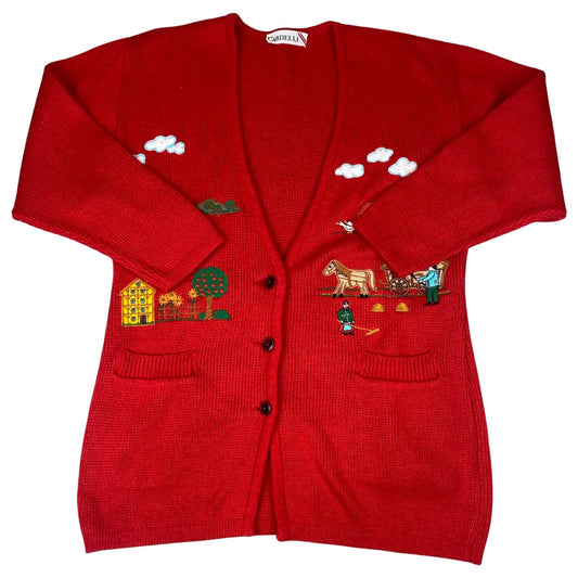 VTG 70s 80s RED WOOL BUTTON GRAPHIC APPLIQUÉ EMBROIDERED FARM SCENE 40” M