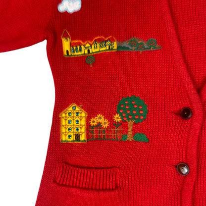 VTG 70s 80s RED WOOL BUTTON GRAPHIC APPLIQUÉ EMBROIDERED FARM SCENE 40” M
