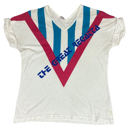 Vintage 80s White Blue Pink V Neck Regatta Retro T-shirt 8 10 S