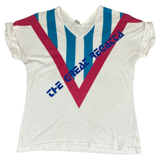 Vintage 80s White Blue Pink V Neck Regatta Retro T-shirt 8 10 S