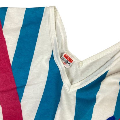 Vintage 80s White Blue Pink V Neck Regatta Retro T-shirt 8 10 S