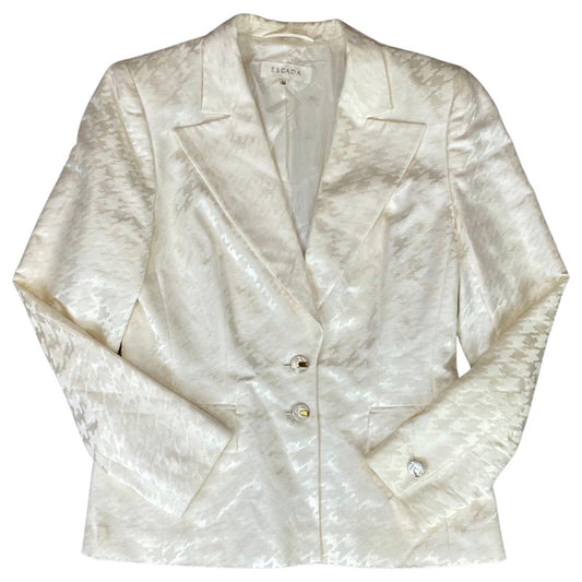 Vintage 80s Ivory Escada Silk Dogtooth Pattern Couture Blazer 12 14 M