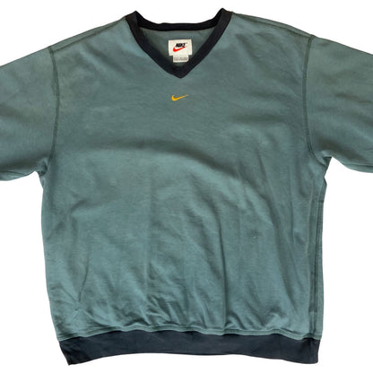 Vintage 90s 00s Nike Blue Green Grey Teal Nike V-Neck Embroidered Sweatshirt XXL