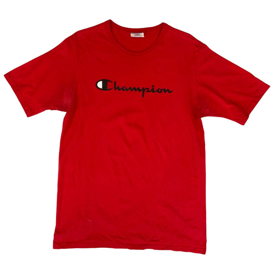 Y2K Red Champion Spell-Out Graphic Sportswear T-Shirt Large