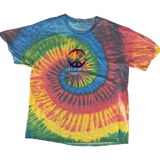 Vintage Y2K Multi-Coloured Tie Dye Alaska Destination Tourist Peace Tee Large