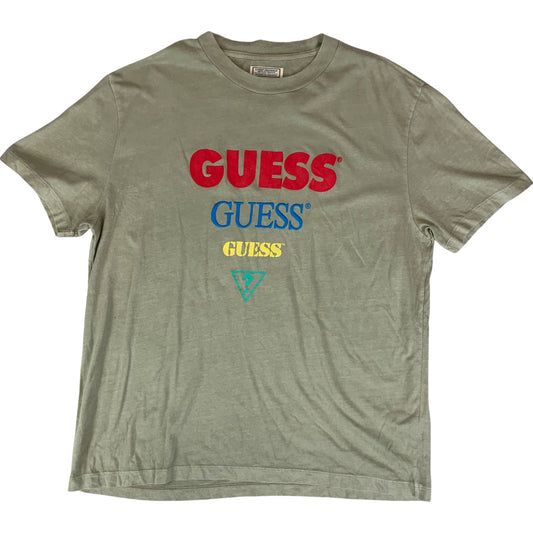 Vintage 90s Light Khaki Green Guess Originals Spell-Out Logo Graphic Tee XL