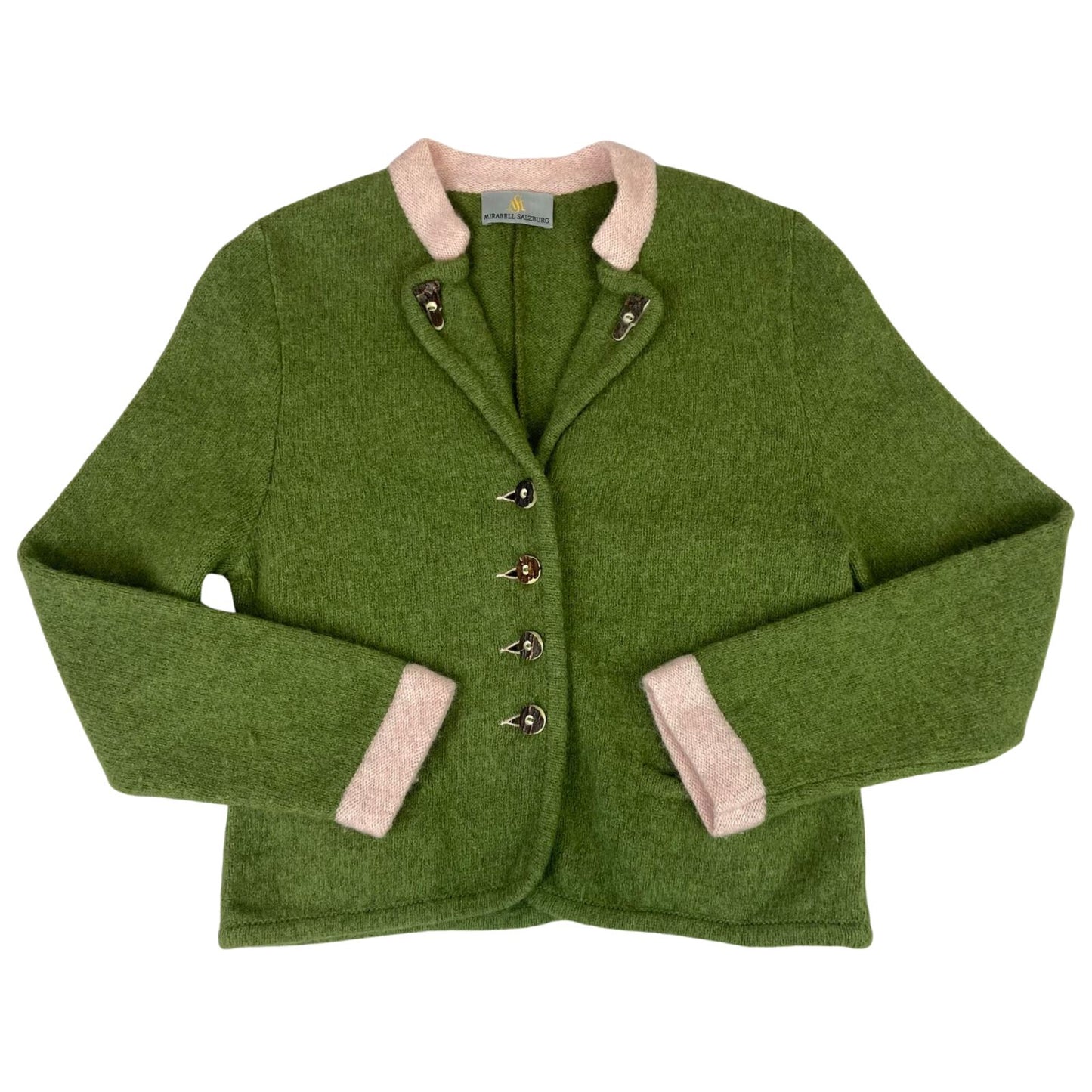 Vintage 90s 00s Green Pink Wool Authentic Tyrolean Antler Buttons Cardigan M