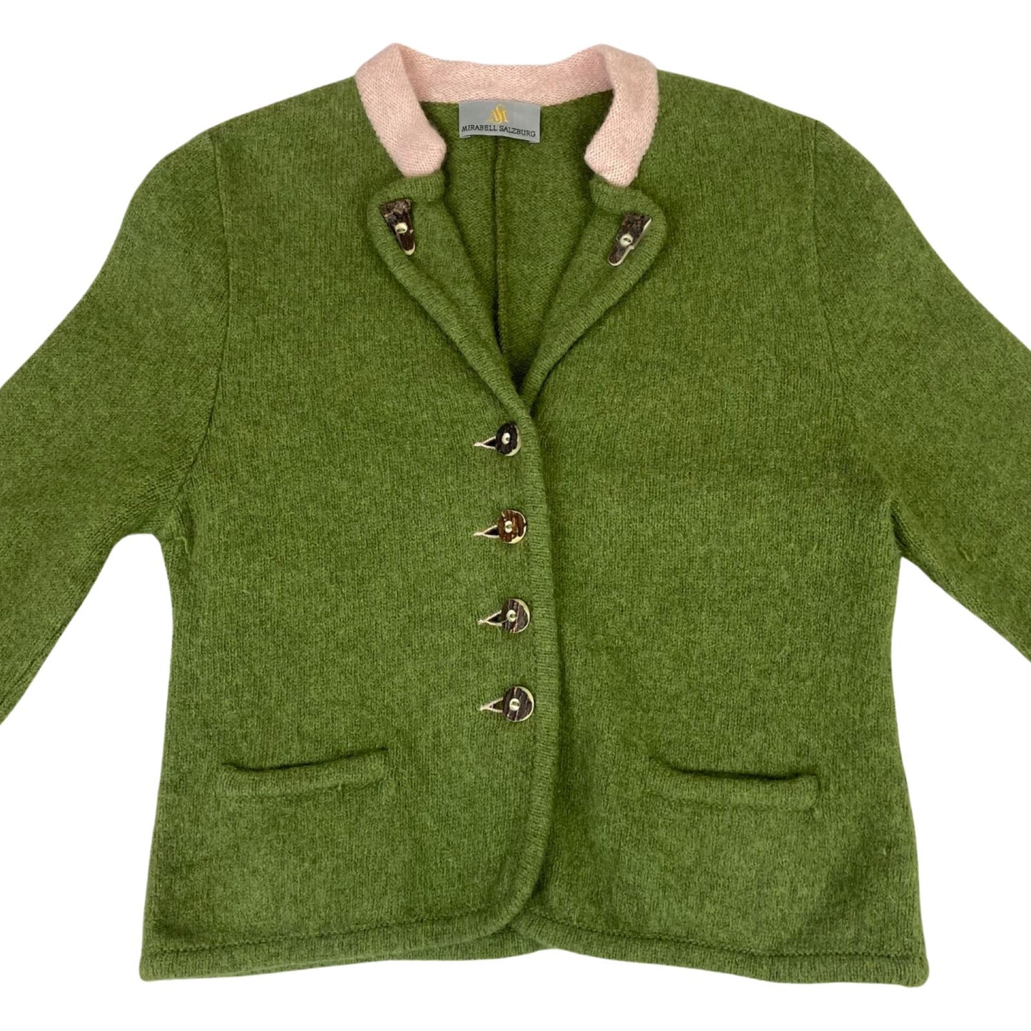 Vintage 90s 00s Green Pink Wool Authentic Tyrolean Antler Buttons Cardigan M