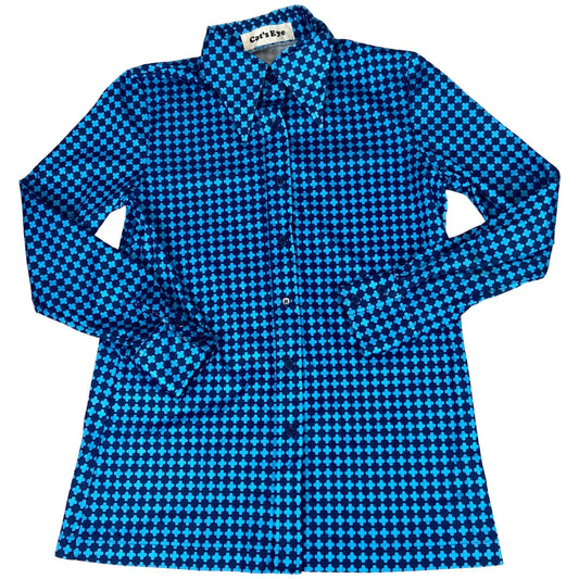Vintage 90s Blue Dagger Collar Patterned Geometric Blouse 8 10 S