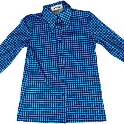 Vintage 90s Blue Dagger Collar Patterned Geometric Blouse 8 10 S
