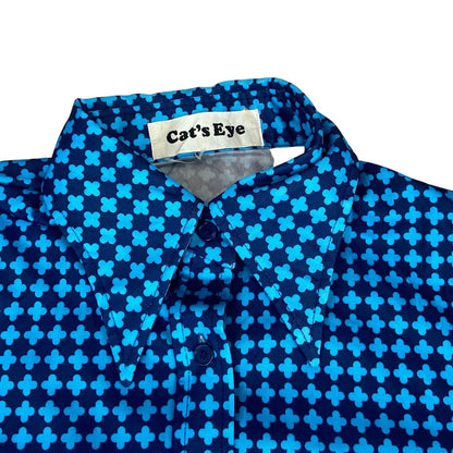 Vintage 90s Blue Dagger Collar Patterned Geometric Blouse 8 10 S