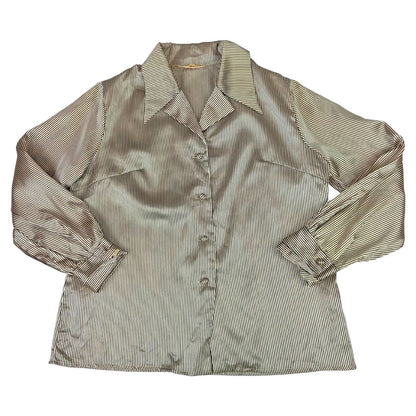 Vintage 80s 90s Cream Black Striped Satin Feel Boxey Fit Blouse 12 14 M