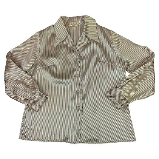 Vintage 80s 90s Cream Black Striped Satin Feel Boxey Fit Blouse 12 14 M