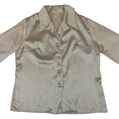 Vintage 80s 90s Cream Black Striped Satin Feel Boxey Fit Blouse 12 14 M