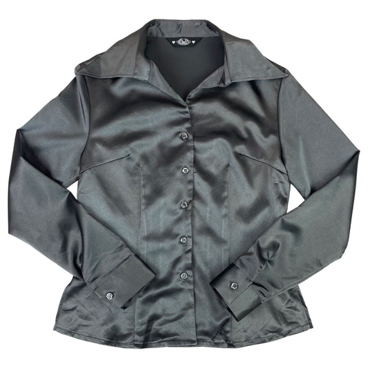 Vintage 90s Grey Satin Style Shiny Party Button Down Blouse 8 10 S