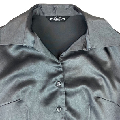 Vintage 90s Grey Satin Style Shiny Party Button Down Blouse 8 10 S