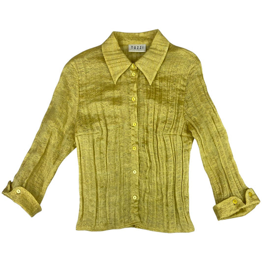 Vintage 90s Yellow Tuzzi Button Up Fitted  Blouse Shirt Sheer Collared S 8 10